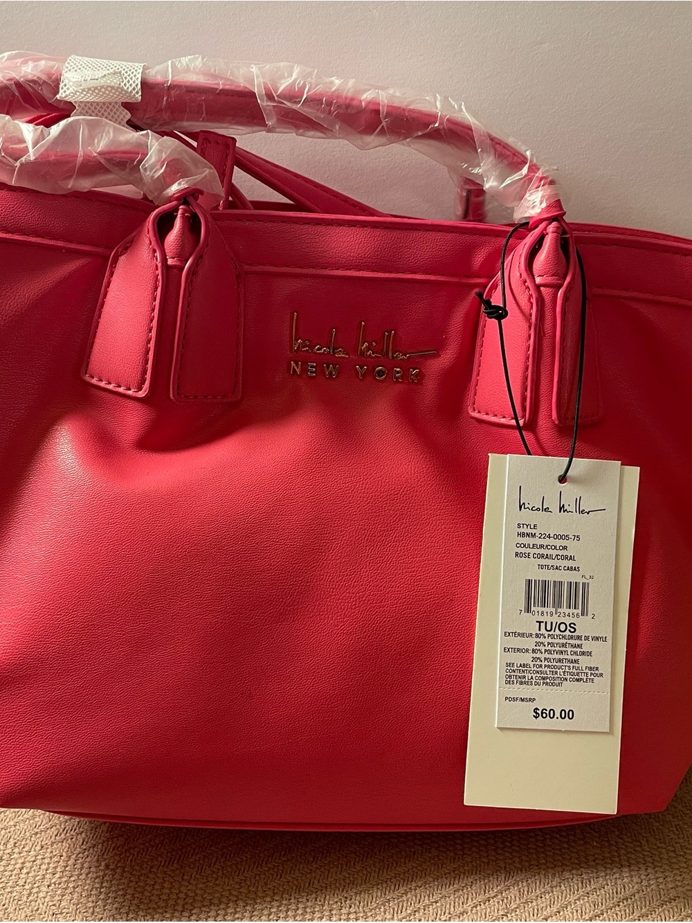Nicole Miller Hot Pink Structured Tote with Gold Logo